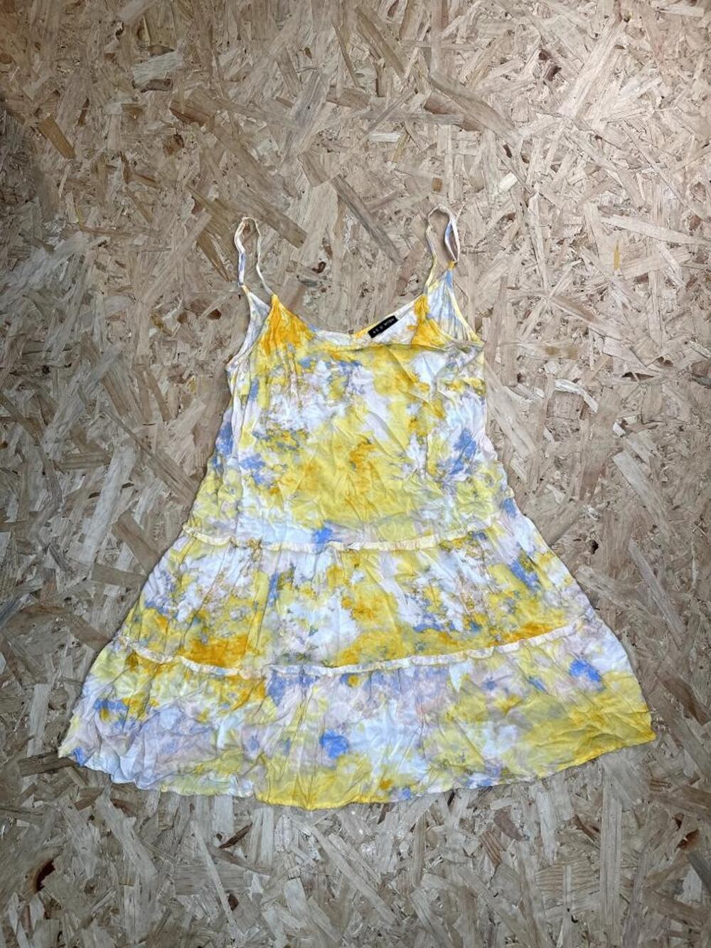 As U Wish Sundress Womens XL Yellow Blue Tie Dye Tiered Ruffle Spaghetti Strap